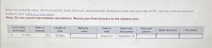 Solve for maturity value, discount period, bank discount, and proceeds. Assume a bank discount rate of 9%. Use the ordinary interest
method. (Use Days in a year table.)
Note: Do not round intermediate calculations. Round your final answers to the nearest cent.
Face value
(principal)
$
27,200
Rate of
interest
9%
Length of
note.
60 days
Maturity
value
Date of
note
August 23
Date note
discounted
September 18
Discount
period
Bank discount
Proceeds