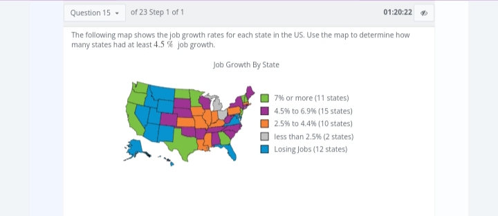 Question 15
of 23 Step 1 of 1
The following map shows the job growth rates for each state in the US. Use the map to determine how
many states had at least 4.5 % job growth.
Job Growth By State
01:20:22
7% or more (11 states)
4.5% to 6.9% (15 states)
2.5% to 4.4% (10 states)
less than 2.5% (2 states)
Losing Jobs (12 states)