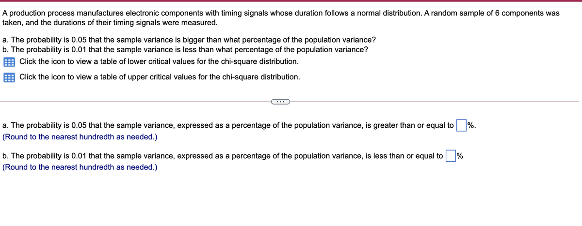 A production process manufactures electronic components with timing signals whose duration follows a normal distribution. A random sample of 6 components was
taken, and the durations of their timing signals were measured.
a. The probability is 0.05 that the sample variance is bigger than what percentage of the population variance?
b. The probability is 0.01 that the sample variance is less than what percentage of the population variance?
Click the icon to view a table of lower critical values for the chi-square distribution.
Click the icon to view a table of upper critical values for the chi-square distribution.
a. The probability is 0.05 that the sample variance, expressed as a percentage of the population variance, is greater than or equal to
%.
(Round to the nearest hundredth
needed.)
b. The probability is 0.01 that the sample variance, expressed as a percentage of the population variance, is less than or equal to
%
(Round to the nearest hundredth as needed.)
