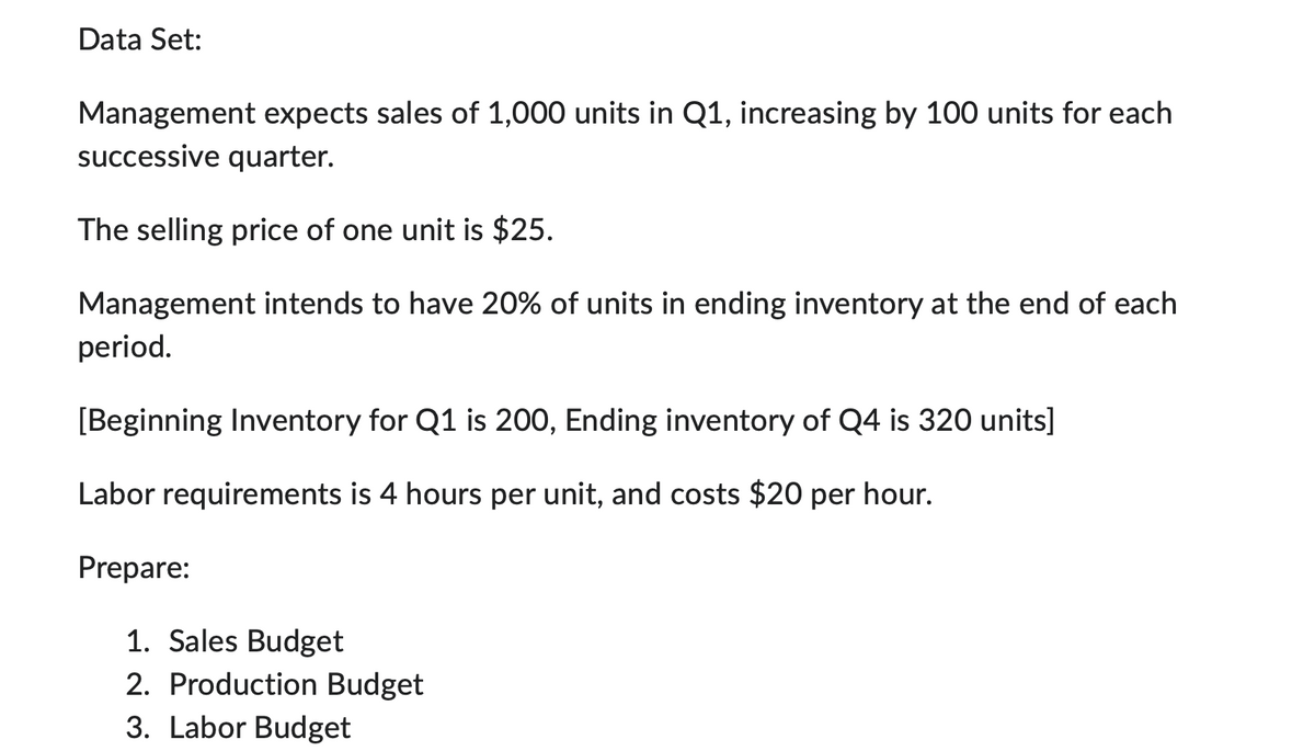 Data Set:
Management expects sales of 1,000 units in Q1, increasing by 100 units for each
successive quarter.
The selling price of one unit is $25.
Management intends to have 20% of units in ending inventory at the end of each
period.
[Beginning Inventory for Q1 is 200, Ending inventory of Q4 is 320 units]
Labor requirements is 4 hours per unit, and costs $20 per hour.
Prepare:
1. Sales Budget
2. Production Budget
3. Labor Budget