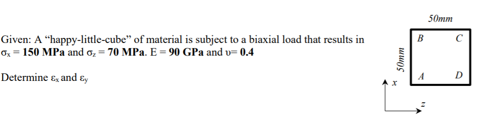 50mm
a biaxial load that results in
B
C
Given: A “happy-little-cube" of material is subject
O = 150 MPa and o, = 70 MPa. E = 90 GPa and v= 0.4
Determine ɛ and ɛy
A
D
50mm
