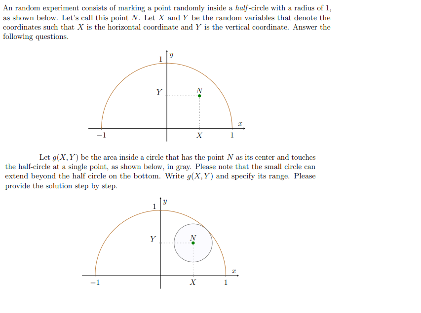 An random experiment consists of marking a point randomly inside a half-circle with a radius of 1,
as shown below. Let's call this point N. Let X and Y be the random variables that denote the
coordinates such that X is the horizontal coordinate and Y is the vertical coordinate. Answer the
following questions.
1
-1
1
Y
Y
y
N
X
Let g(X, Y) be the area inside a circle that has the point N as its center and touches
the half-circle at a single point, as shown below, in gray. Please note that the small circle can
extend beyond the half circle on the bottom. Write g(X,Y) and specify its range. Please
provide the solution step by step.
N
X
1
1
I
I