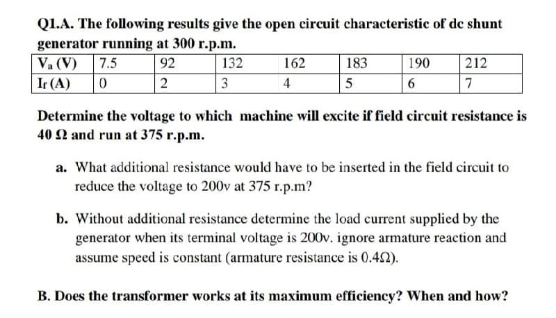 Q1.A. The following results give the open circuit characteristic of de shunt
generator running at 300 r.p.m.
Va (V)
7.5
92
132
162
183
190
212
Ir (A)
4
7
Determine the voltage to which machine will excite if field circuit resistance is
40 2 and run at 375 r.p.m.
a. What additional resistance would have to be inserted in the field circuit to
reduce the voltage to 200v at 375 r.p.m?
b. Without additional resistance determine the load current supplied by the
generator when its terminal voltage is 200v. ignore armature reaction and
assume speed is constant (armature resistance is 0.42).
B. Does the transformer works at its maximum efficiency? When and how?
