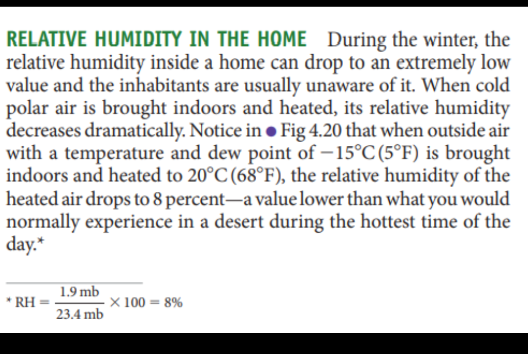 RELATIVE HUMIDITY IN THE HOME During the winter, the
relative humidity inside a home can drop to an extremely low
value and the inhabitants are usually unaware of it. When cold
polar air is brought indoors and heated, its relative humidity
decreases dramatically. Notice in • Fig 4.20 that when outside air
with a temperature and dew point of – 15°C (5°F) is brought
indoors and heated to 20°C (68°F), the relative humidity of the
heated air drops to 8 percent-a value lower than what you would
normally experience in a desert during the hottest time of the
day.*
1.9 mb
* RH
X 100 = 8%
23.4 mb
