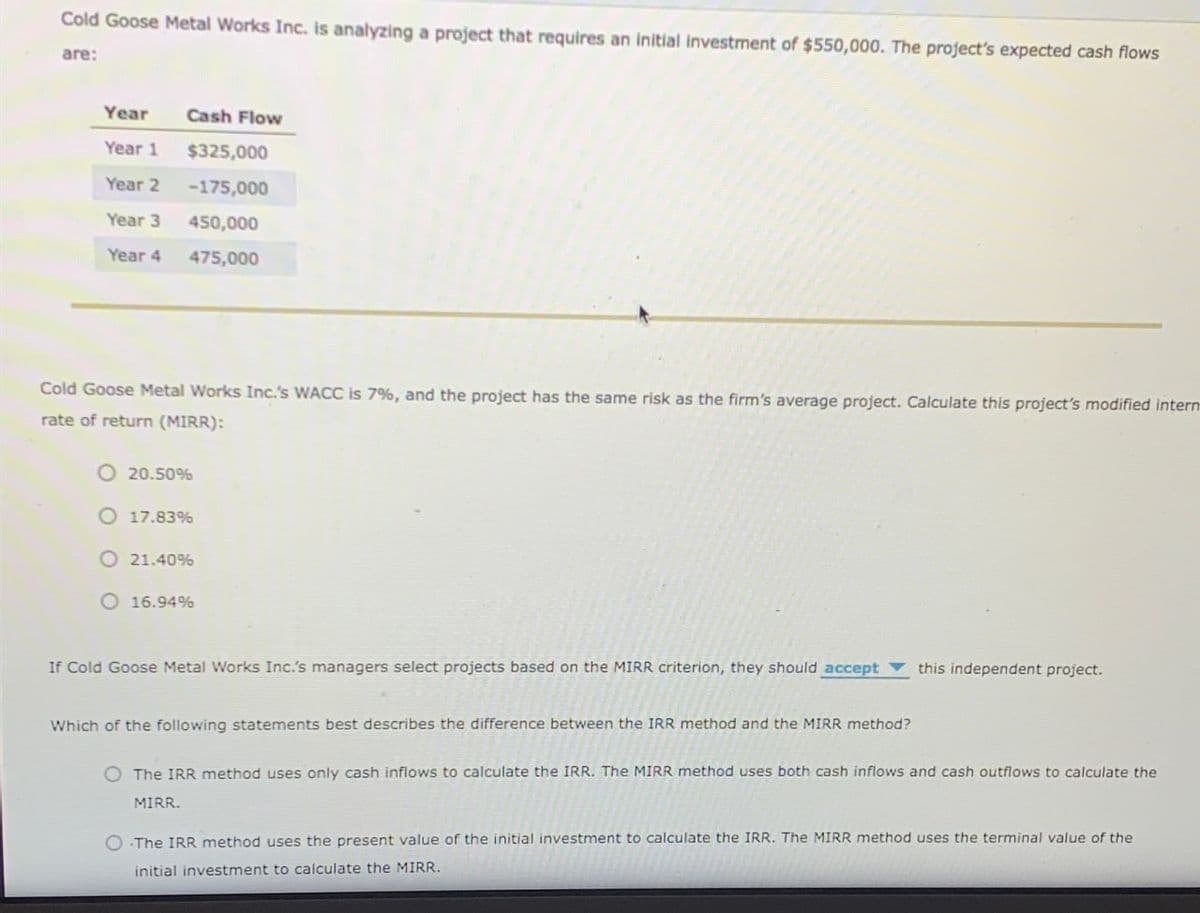 Cold Goose Metal Works Inc. is analyzing a project that requires an initial investment of $550,000. The project's expected cash flows
are:
Year
Cash Flow
Year 1
$325,000
Year 2
-175,000
Year 3
Year 4
450,000
475,000
Cold Goose Metal Works Inc.'s WACC is 7%, and the project has the same risk as the firm's average project. Calculate this project's modified intern
rate of return (MIRR):
20.50%
17.83%
21.40%
16.94%
If Cold Goose Metal Works Inc.'s managers select projects based on the MIRR criterion, they should accept
this independent project.
Which of the following statements best describes the difference between the IRR method and the MIRR method?
The IRR method uses only cash inflows to calculate the IRR. The MIRR method uses both cash inflows and cash outflows to calculate the
MIRR.
-The IRR method uses the present value of the initial investment to calculate the IRR. The MIRR method uses the terminal value of the
initial investment to calculate the MIRR.