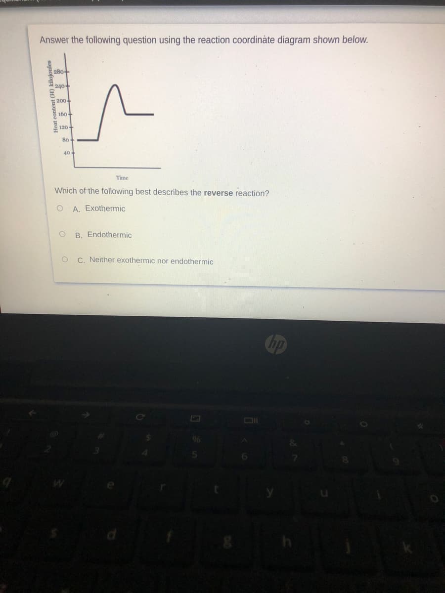 Answer the following question using the reaction coordináte diagram shown below.
280-
240-
E200-
160-
120-
80 +
40
Time
Which of the following best describes the reverse reaction?
A. Exothermic
B. Endothermic
C. Neither exothermic nor endothermic
bp
96
Heat content (H) kilojoules
