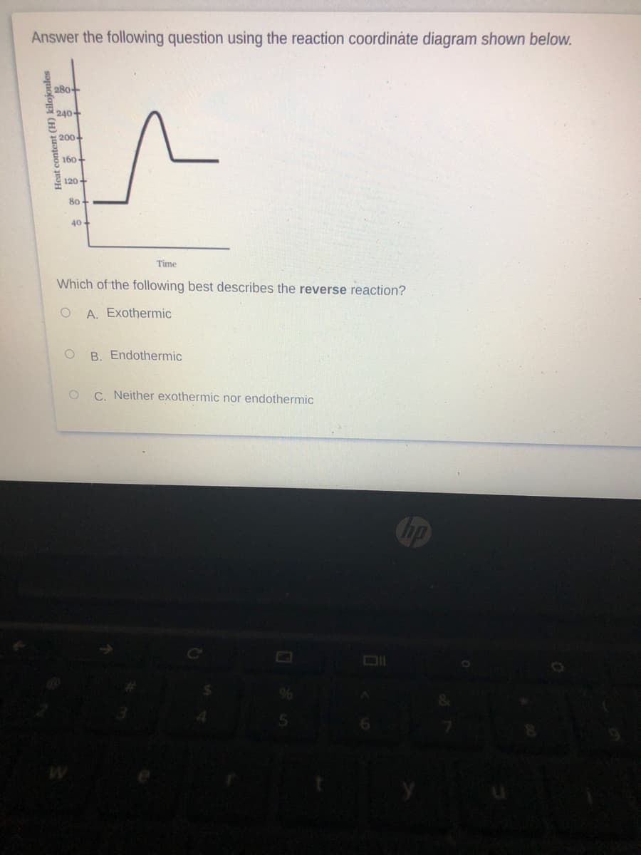 Answer the following question using the reaction coordináte diagram shown below.
280
240
200
160
120+
80
40
Time
Which of the following best describes the reverse reaction?
A. Exothermic
B. Endothermic
C. Neither exothermic nor endothermic
Heat content (H) kilojoules
