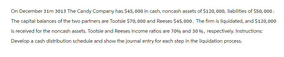 On December 31m 3013 The Candy Company has $45,000 in cash, noncash assets of $120,000, liabilities of $50,000.
The capital balances of the two partners are Tootsie $70,000 and Reeses $45,000. The firm is liquidated, and $120,000
is received for the noncash assets. Tootsie and Reeses income ratios are 70% and 30%, respectively. Instructions:
Develop a cash distribution schedule and show the journal entry for each step in the liquidation process.