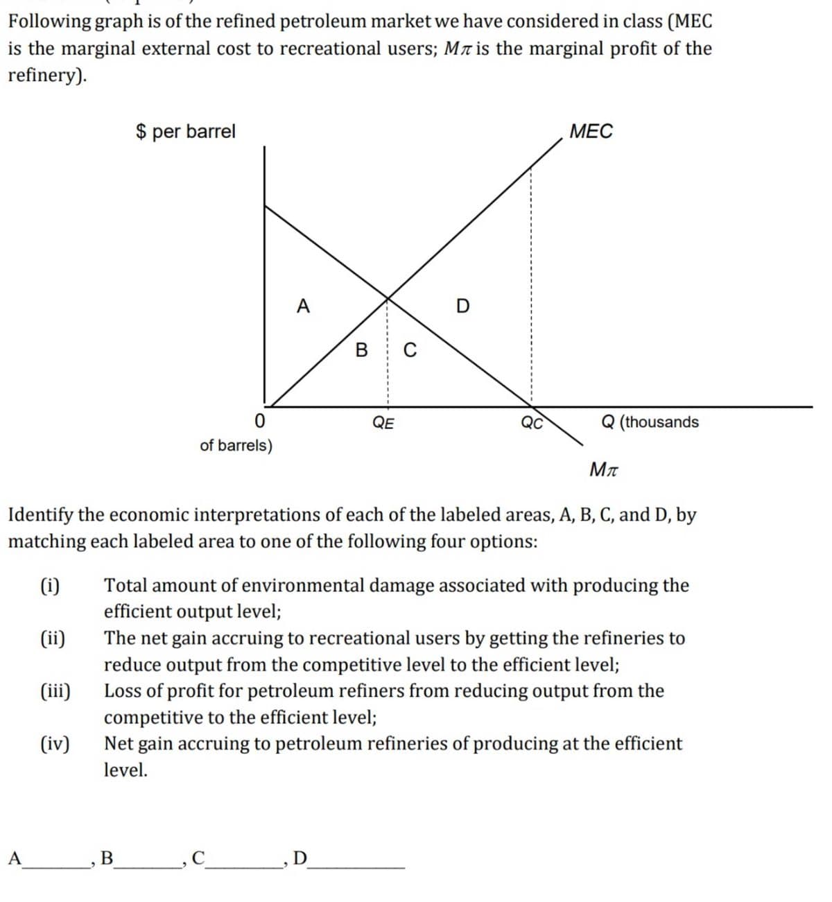 Following graph is of the refined petroleum market we have considered in class (MEC
is the marginal external cost to recreational users; Mл is the marginal profit of the
refinery).
$ per barrel
MEC
A
D
B
C
0
QE
QC
Q (thousands
Μπ
of barrels)
Identify the economic interpretations of each of the labeled areas, A, B, C, and D, by
matching each labeled area to one of the following four options:
(i) Total amount of environmental damage associated with producing the
efficient output level;
(ii)
(iii)
(iv)
The net gain accruing to recreational users by getting the refineries to
reduce output from the competitive level to the efficient level;
Loss of profit for petroleum refiners from reducing output from the
competitive to the efficient level;
Net gain accruing to petroleum refineries of producing at the efficient
level.
A
B _
C
Ꭰ