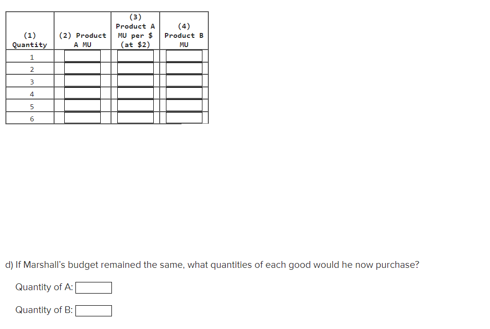 (1)
Quantity
1
2
3
4
5
6
(2) Product
A MU
(3)
Product A
MU per $
(at $2)
(4)
Product B
MU
d) If Marshall's budget remained the same, what quantities of each good would he now purchase?
Quantity of A:
Quantity of B: