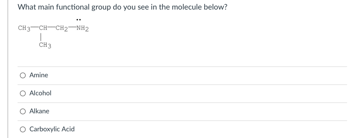 What main functional group do you see in the molecule below?
CH 3 CH CH2-NH2
CH 3
Amine
Alcohol
Alkane
Carboxylic Acid