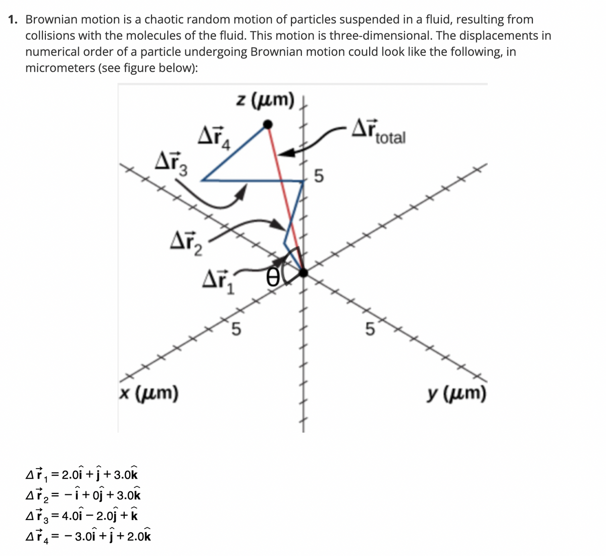 1. Brownian motion is a chaotic random motion of particles suspended in a fluid, resulting from
collisions with the molecules of the fluid. This motion is three-dimensional. The displacements in
numerical order of a particle undergoing Brownian motion could look like the following, in
micrometers (see figure below):
Ar3
A₁ = 2.01 +1 +3.0k
A₂ = -1+01 +3.0k
A3 = 4.0i -2.0 + k
Ar= -3.01 +1 +2.0k
4
x (um)
AF₂
z (μm)
AFA
AF₁
5
5
Ar.
total
5
y (μm)