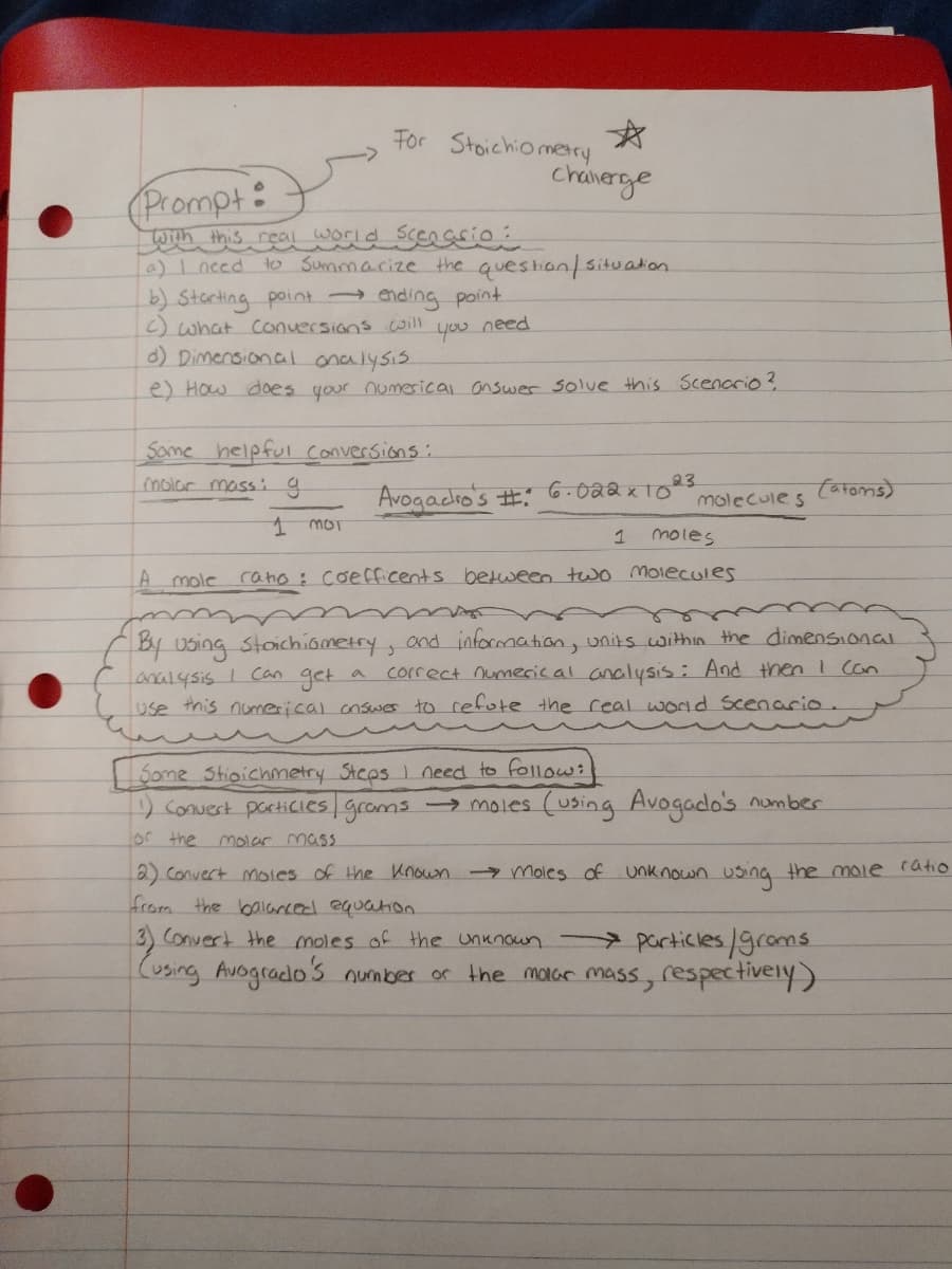 For Stoichiomery
chaverge
(Prompt:
with this real world Sceagsio:
a)1need
to Summarize the question/situation.
b) Storting point nding point
) what Conuersions will
you
need
d) Dimensional onalysis
e) How does your numerical onswer Solve this Scenorio?
Some helpful conversions:
molar mass: g
Avogadio's #!
1 moT
6.022x10
23
molecule s
tatoms)
1
moles
LA mole
raho : Coefficents between two Moiecules
By using Stoichiametry,
analysis 1 Can get
use this numerical onsuwes to refote the real wornd Scenario.
and information, units within the dimensional
correct numeric al analysis : And then 1 Con
Some Stipichmetry Steps 1 need to follow:
Conuest particCIeS grams moles (using Avogados number
1or the m0lar mass
2) Convert moles of the Known moles of unk nown using the mole ratio
from the balanced equation.
3 Convert the moles of the unknoun- particles/grams
using Avogrado's number or the moGr mass, respectivery)
