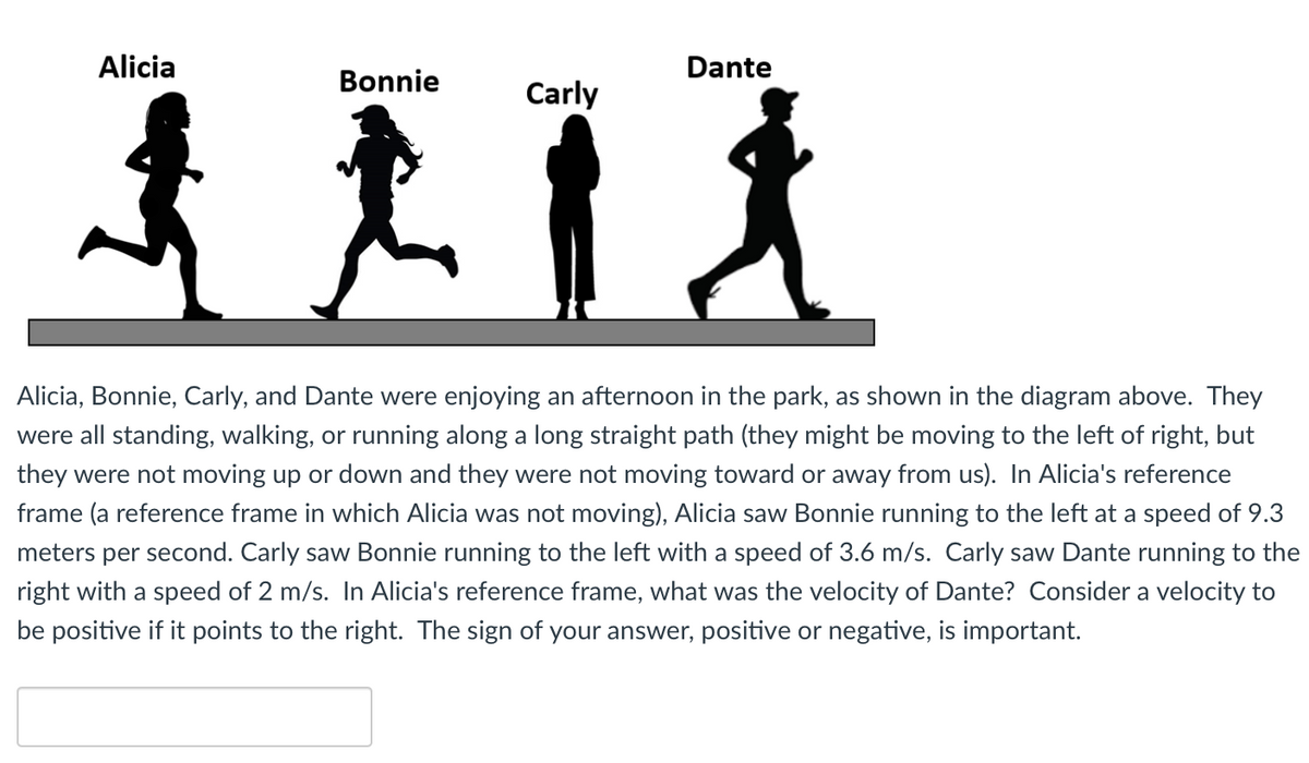 Alicia
Dante
Bonnie
Carly
Alicia, Bonnie, Carly, and Dante were enjoying an afternoon in the park, as shown in the diagram above. They
were all standing, walking, or running along a long straight path (they might be moving to the left of right, but
they were not moving up or down and they were not moving toward or away from us). In Alicia's reference
frame (a reference frame in which Alicia was not moving), Alicia saw Bonnie running to the left at a speed of 9.3
meters per second. Carly saw Bonnie running to the left with a speed of 3.6 m/s. Carly saw Dante running to the
right with a speed of 2 m/s. In Alicia's reference frame, what was the velocity of Dante? Consider a velocity to
be positive if it points to the right. The sign of your answer, positive or negative, is important.
