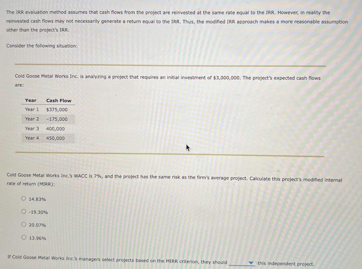 The IRR evaluation method assumes that cash flows from the project are reinvested at the same rate equal to the IRR. However, in reality the
reinvested cash flows may not necessarily generate a return equal to the IRR. Thus, the modified IRR approach makes a more reasonable assumption
other than the project's IRR.
Consider the following situation:
Cold Goose Metal Works Inc. is analyzing a project that requires an initial investment of $3,000,000. The project's expected cash flows
are:
Year
Year 1
Cash Flow
$375,000
Year 2 -175,000
Year 3 400,000
Year 4 450,000
Cold Goose Metal Works Inc.'s WACC is 7%, and the project has the same risk as the firm's average project. Calculate this project's modified internal
rate of return (MIRR):
O 14.83%
O-19.30%
O 20.07%
13.96%
If Cold Goose Metal Works Inc.'s managers select projects based on the MIRR criterion, they should
this independent project.