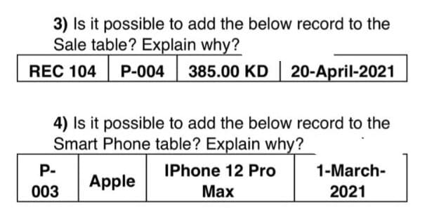 3) Is it possible to add the below record to the
Sale table? Explain why?
REC 104
P-004
385.00 KD 20-April-2021
4) Is it possible to add the below record to the
Smart Phone table? Explain why?
P-
IPhone 12 Pro
1-March-
Apple
003
Маx
2021
