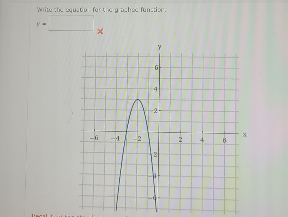 Write the equation for the graphed function.
y =
4
2
X
4
-2
2
4
6.
2
Recall that
6"
