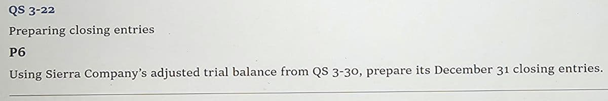 QS 3-22
Preparing closing entries
P6
Using Sierra Company's adjusted trial balance from QS 3-30, prepare its December 31 closing entries.