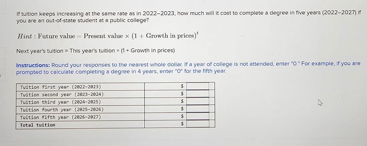 If tuition keeps increasing at the same rate as in 2022-2023, how much will it cost to complete a degree in five years (2022-2027) if
you are an out-of-state student at a public college?
Hint: Future value = Present value × (1+ Growth in prices)*
Next year's tuition = This year's tuition × (1+ Growth in prices)
Instructions: Round your responses to the nearest whole dollar. If a year of college is not attended, enter "O." For example, if you are
prompted to calculate completing a degree in 4 years, enter "O" for the fifth year.
Tuition first year (2022-2023)
Tuition second year (2023-2024)
Tuition third year (2024-2025)
Tuition fourth year (2025-2026)
Tuition fifth year (2026-2027)
Total tuition
$
$
SA
$
SA
$
$
$
13