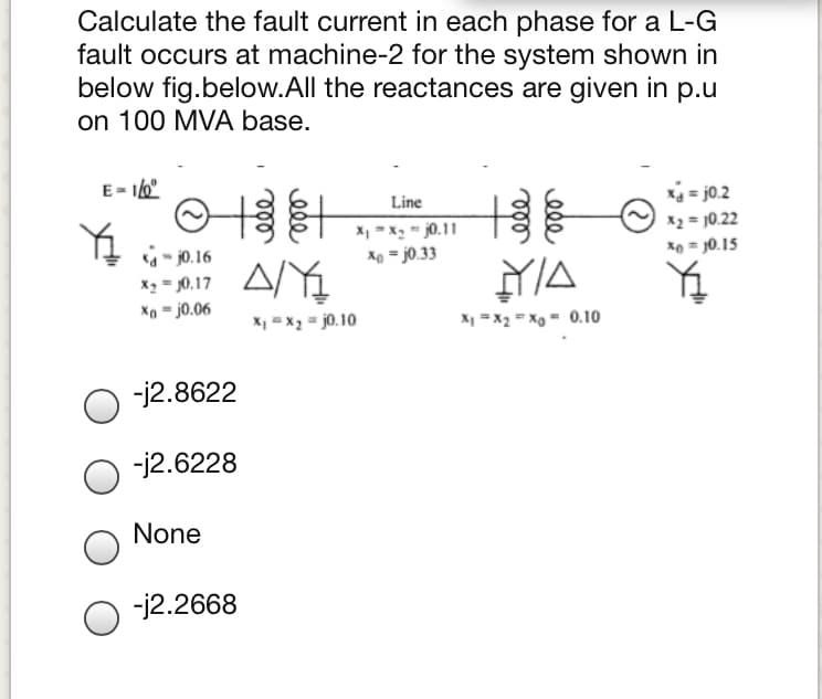 Calculate the fault current in each phase for a L-G
fault occurs at machine-2 for the system shown in
below fig.below.All the reactances are given in p.u
on 100 MVA base.
E= 16º
xj = j0.2
Line
X2 = ]0.22
X, = x, = j0.11
Xp = j0.33
xe = 30.15
- j0. 16
X = J0.17
Xn = j0.06
X, = x2 = j0.10
X =x2 = Xg = 0.10
-j2.8622
-j2.6228
None
-j2.2668
ele
ele
