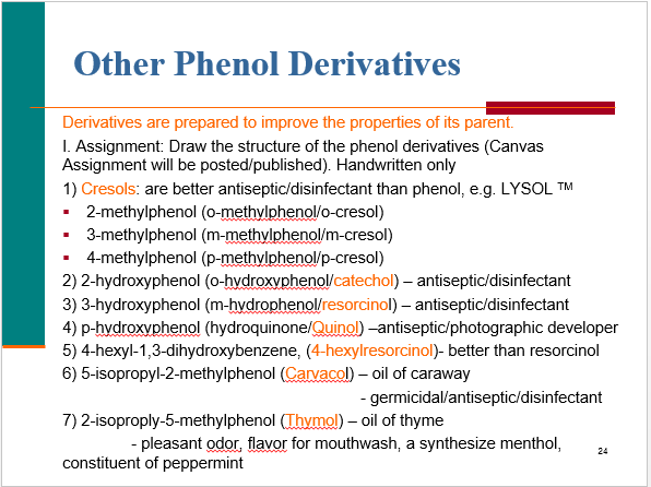 Other Phenol Derivatives
Derivatives are prepared to improve the properties of its parent.
I. Assignment: Draw the structure of the phenol derivatives (Canvas
Assignment will be posted/published). Handwritten only
1) Cresols: are better antiseptic/disinfectant than phenol, e.g. LYSOL TM
2-methylphenol (o-methylphenol/o-cresol)
3-methylphenol (m-methylphenol/m-cresol)
4-methylphenol (p-methylphenol/p-cresol)
2) 2-hydroxyphenol (o-hydroxyphenol/catechol) – antiseptic/disinfectant
3) 3-hydroxyphenol (m-hydrophenol/resorcinol) – antiseptic/disinfectant
4) p-hydroxyphenol (hydroquinone/Quinol) -antiseptic/photographic developer
5) 4-hexyl-1,3-dihydroxybenzene, (4-hexylresorcinol)- better than resorcinol
6) 5-isopropyl-2-methylphenol (Carvacol) – oil of caraway
- germicidal/antiseptic/disinfectant
7) 2-isoproply-5-methylphenol (Thymol) – oil of thyme
- pleasant odor, flavor for mouthwash, a synthesize menthol,
24
constituent of peppermint
