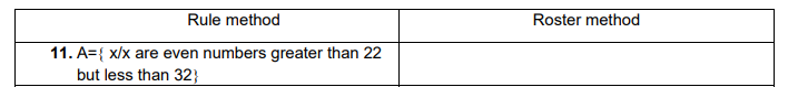 Rule method
Roster method
11. A={ x/x are even numbers greater than 22
but less than 32}
