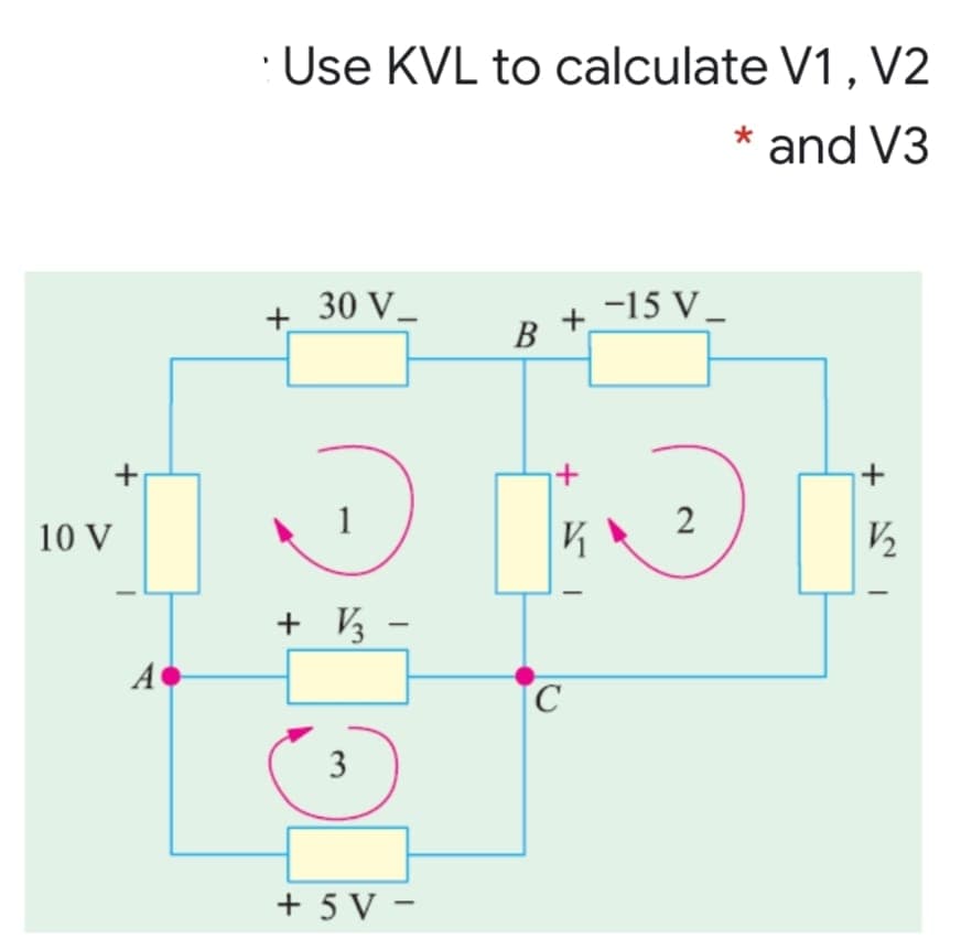 Use KVL to calculate V1, V2
and V3
30 V_
B
B +_15 V_
2
10 V
+ V3
A
C.
3
+ 5 V -
