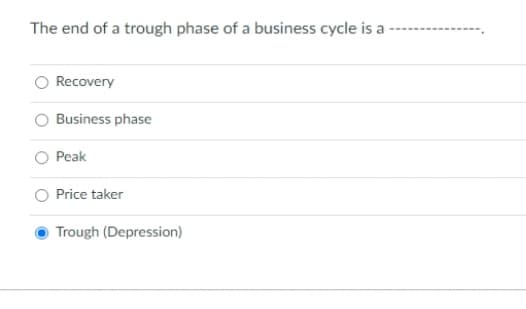 The end of a trough phase of a business cycle is a
Recovery
Business phase
Peak
Price taker
Trough (Depression)