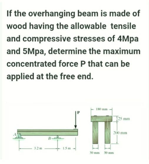 If the overhanging beam is made of
wood having the allowable tensile
and compressive stresses of 4Mpa
and 5Mpa, determine the maximum
concentrated force P that can be
applied at the free end.
3.2 m
1.5 m
180 mm
30 mm
125 mm
200 mm
30 mm