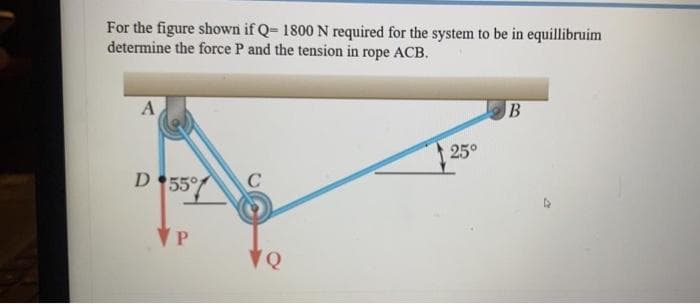 For the figure shown if Q= 1800 N required for the system to be in equillibruim
determine the force P and the tension in rope ACB.
A
25°
D 55
VP
