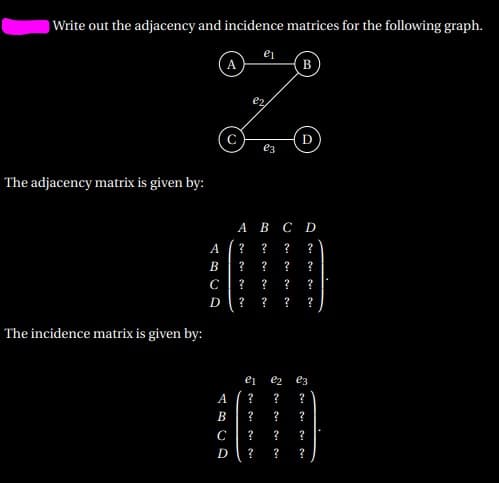 Write out the adjacency and incidence matrices for the following graph.
A
В
D
e3
The adjacency matrix is given by:
А В СD
A
?
?
?
?
В
?
?
?
C
?
?
?
D
?
?
?
?
The incidence matrix is given by:
e2
e3
A
?
?
B
?
?
?
C
?
?
D
?
?
?
