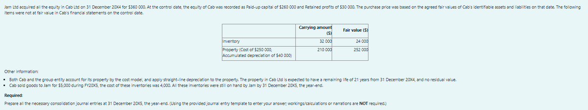 Jam Ltd acquired all the equity in Cab Ltd on 31 December 20X4 for $360 000. At the control date, the equity of Cab was recorded as Paid-up capital of $260 000 and Retained profits of $30 000. The purchase price was based on the agreed fair values of Cab's identifiable assets and liabilities on that date. The following
items were not at fair value in Cab's financial statements on the control date.
Inventory
Property (Cost of $250 000,
Accumulated depreciation of $40 000)
Carrying amount
($)
32 000
210 000
Fair value ($)
24 000
252 000
Other information:
• Both Cab and the group entity account for its property by the cost model, and apply straight-line depreciation to the property. The property in Cab Ltd is expected to have a remaining life of 21 years from 31 December 20X4, and no residual value.
Cab sold goods to Jam for $5,000 during FY20X5, the cost of these inventories was 4,000. All these inventories were still on hand by Jam by 31 December 20X5, the year-end.
.
Required:
Prepare all the necessary consolidation journal entries at 31 December 20X5, the year-end. (Using the provided journal entry template to enter your answer; workings/calculations or narrations are NOT required.)