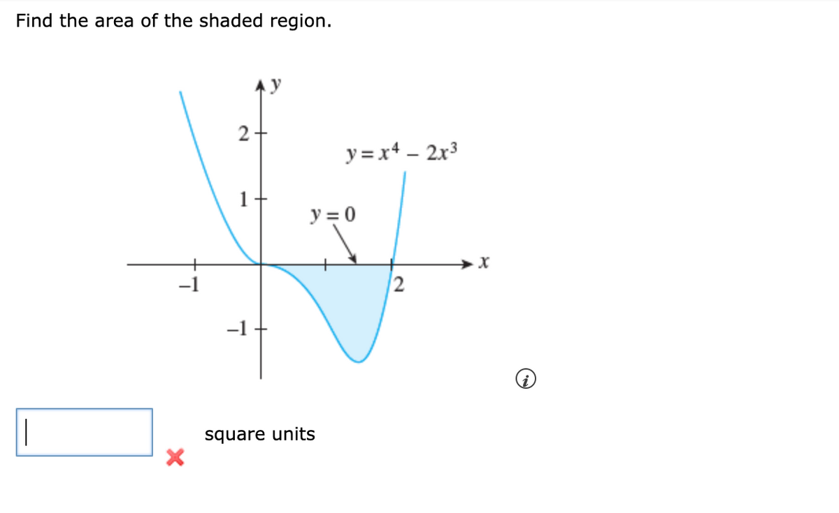 Find the area of the shaded region.
||
X
2
1
y=x4 - 2x³
y = 0
square units
2
x