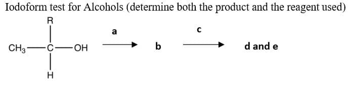 Iodoform test for Alcohols (determine both the product and the reagent used)
R
a
CH3-
C-OH
d and e
H
