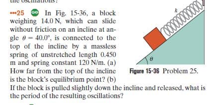 *25 O In Fig. 15-36, a block
weighing 14.0 N, which can slide
without friction on an incline at an-
gle e = 40.0°, is connected to the
top of the incline by a massless
spring of unstretched length 0.450
m and spring constant 120 N/m. (a)
How far from the top of the incline
is the block's equilibrium point? (b)
If the block is pulled slightly down the incline and released, what is
the period of the resulting oscillations?
%3!
Figure 15-36 Problem 25.
