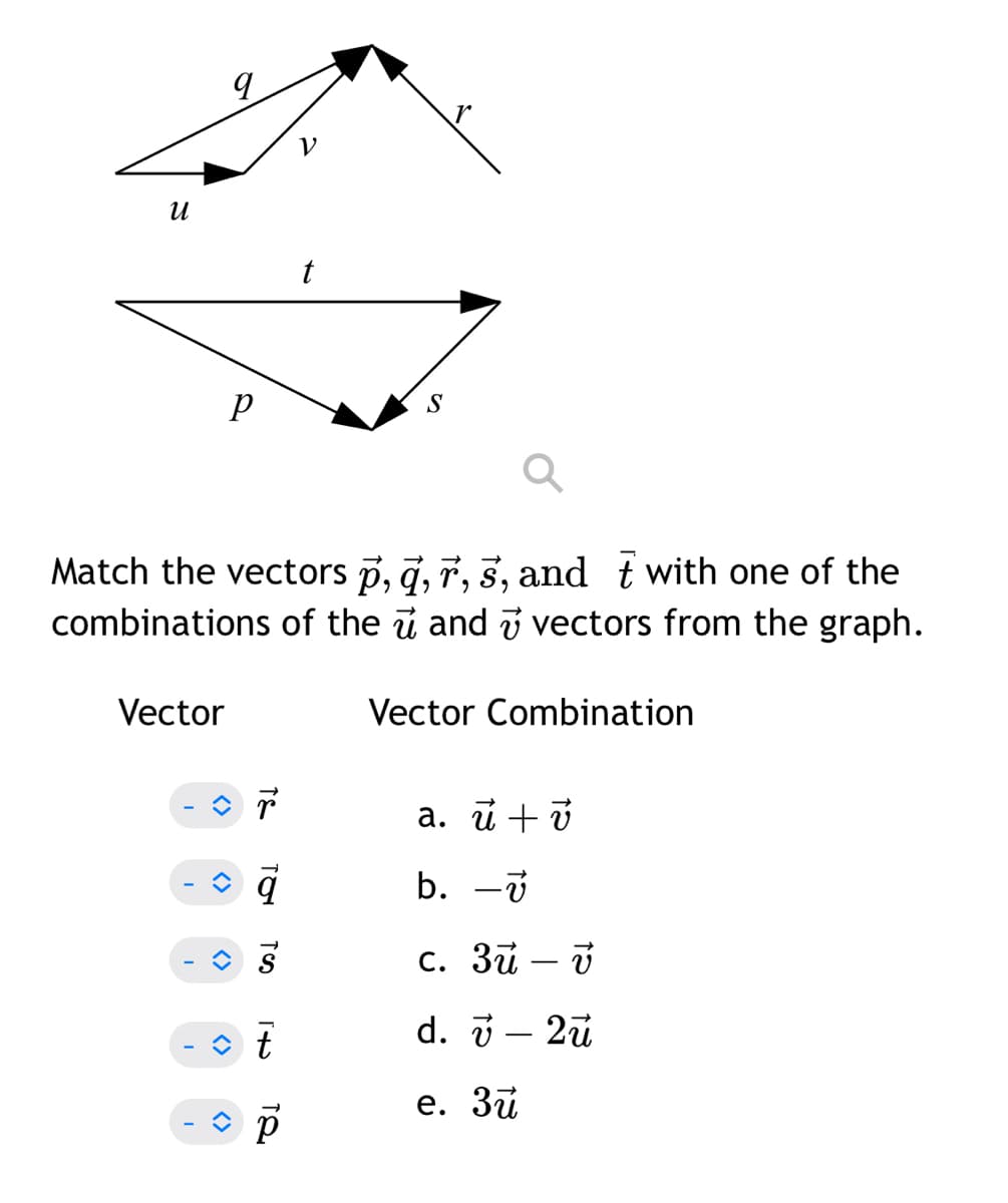 И
Vector
<>
<>
q
<>
P
Match the vectors p, q, r, s, and t with one of the
combinations of the 7 and vectors from the graph.
「t
V
TQ
t
S
Vector Combination
a. u + v
b. -
c. 3u - v
d.
v - 2ū
e. 3u