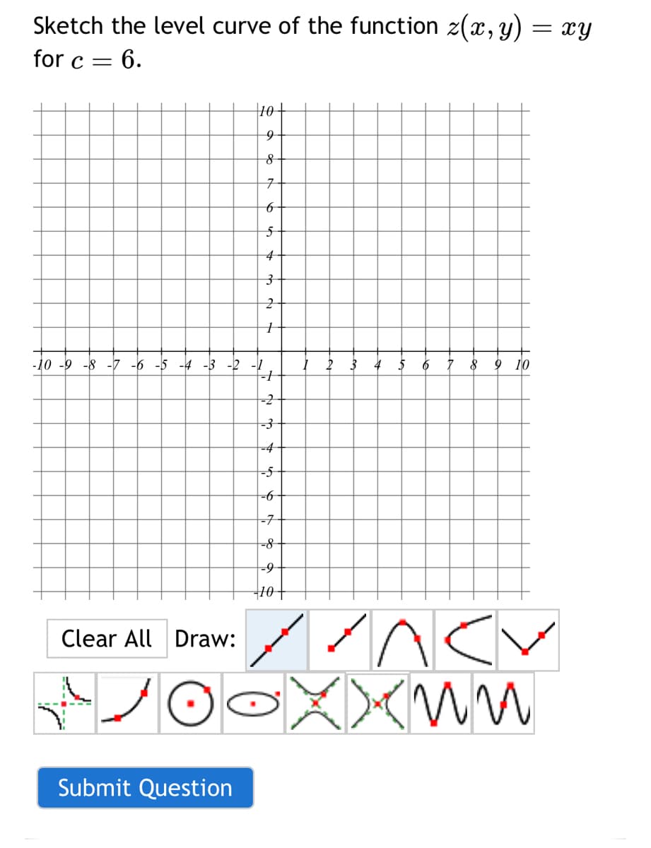 Sketch the level curve of the function z(x, y)
for c= 6.
-10 -9 -8 -7 -6 -5 -4 -3 -2
Clear All Draw:
Submit Question
10+
9
8
7
6
5
4
3
2
+
+
-2
-3
-4
-5
-6
-7
-8
-9
10+
4 5
9 10
✓ACI
Xxnn
= xy