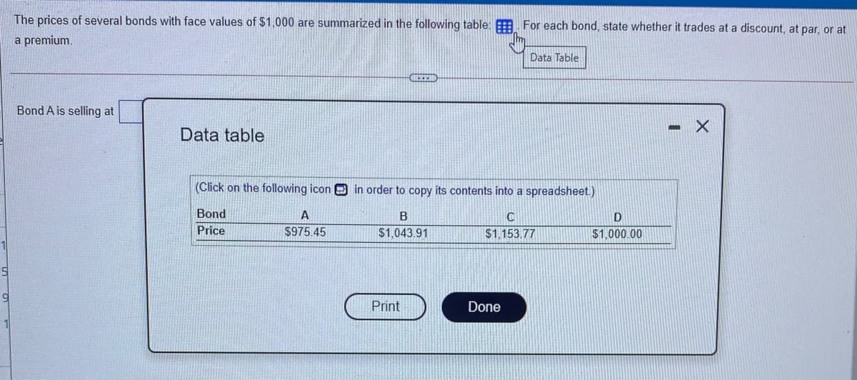 The prices of several bonds with face values of $1,000 are summarized in the following table: . For each bond, state whether it trades at a discount, at par, or at
a premium.
Data Table
Bond A is selling at
Data table
(Click on the following icon O in order to copy its contents into a spreadsheet.)
Bond
A
Price
$975.45
$1,043.91
$1,153.77
$1,000.00
Print
Done
