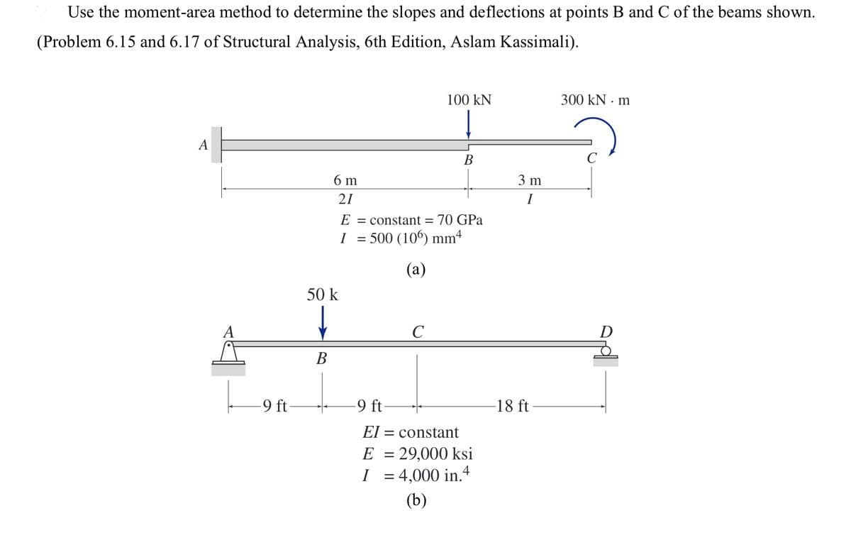 Use the moment-area method to determine the slopes and deflections at points B and C of the beams shown.
(Problem 6.15 and 6.17 of Structural Analysis, 6th Edition, Aslam Kassimali).
A
A
-9 ft-
6 m
21
50 k
↓
B
100 KN
C
B
E = constant = 70 GPa
I = 500 (106) mm4
(a)
-9 ft-
EI= constant
E = 29,000 ksi
I = 4,000 in.4
(b)
3 m
I
-18 ft-
300 kN m