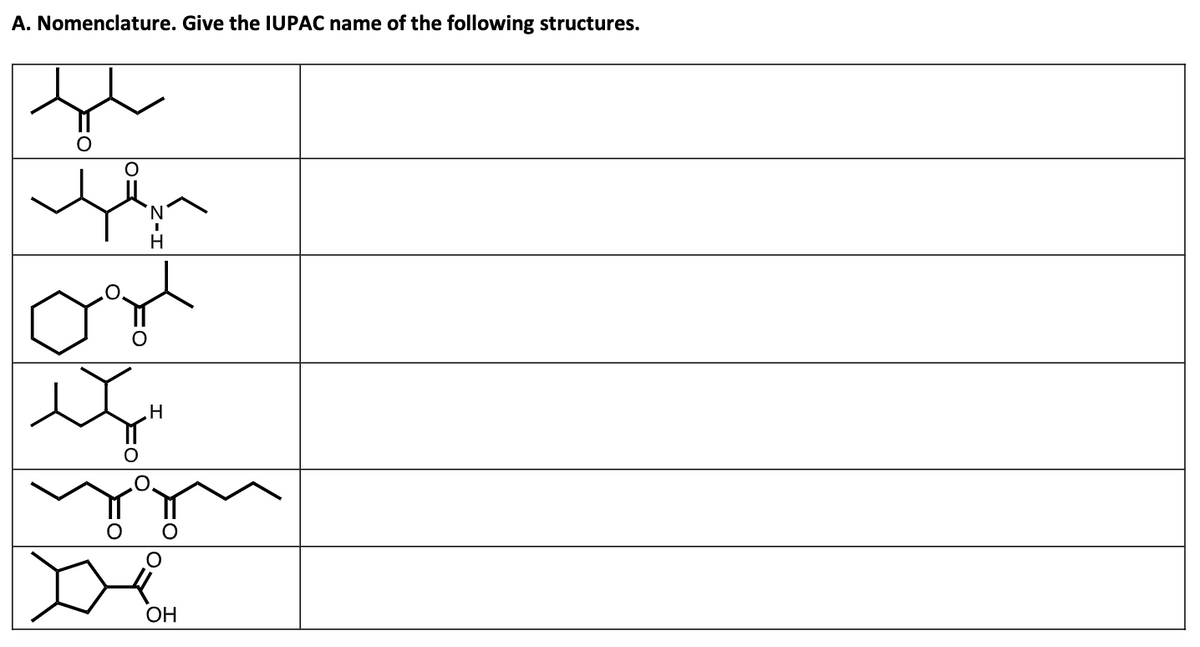 A. Nomenclature. Give the IUPAC name of the following structures.
'N'
H
on
.H
ОН
