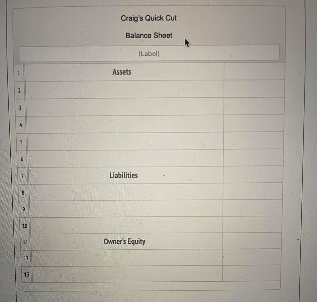 Craig's Quick Cut
Balance Sheet
(Label)
1
Assets
3
7
Liabilities
10
11
Owner's Equity
12
13
61
8
4.
