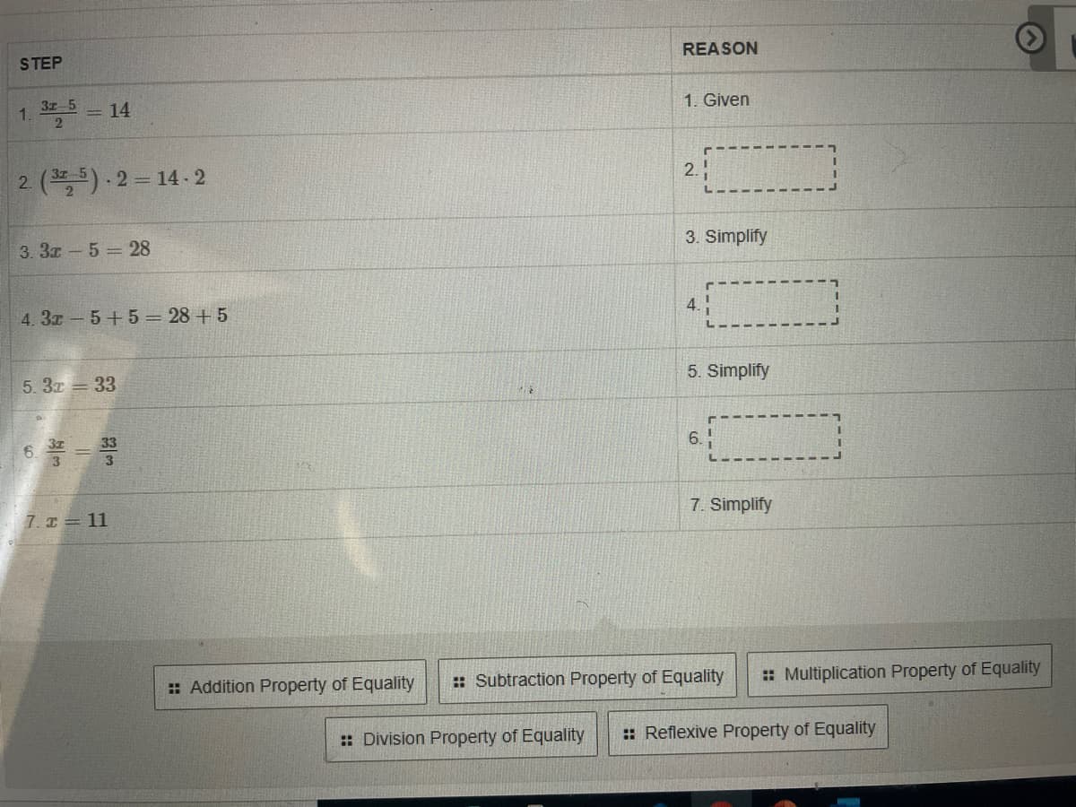 REASON
STEP
1. Given
1. 5 14
2.
2 ()- 2 = 14 - 2
3. Simplify
3. 3x- 5 28
4.
4.3r 5+5 = 28 + 5
5. Simplify
5. 3x = 33
6.
33
6.
3
7. Simplify
7. = 11
: Subtraction Property of Equality
: Multiplication Property of Equality
: Addition Property of Equality
: Division Property of Equality
: Reflexive Property of Equality
