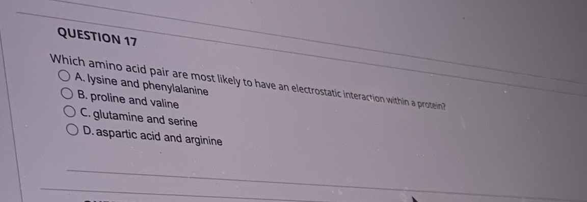 QUESTION 17
Which amino acid pair are most likely to have an electrostatic interaction within a protein?
A. lysine and phenylalanine
B. proline and valine
C. glutamine and serine
D.aspartic acid and arginine