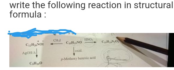 write the following reaction in structural
formula:
CH₂l
HNO,
C12H₂0 NOI
C10H1SNO
C₁H₁N₂O₂
Loxid.
p-Methoxy benzoic acid
AgOH/A
C₂H100