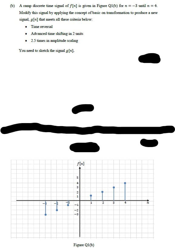 (b) A ramp discrete time signal of f[n] is given in Figure Q1(b) for n = -3 until n = 4.
Modify this signal by applying the concept of basic on transfomation to produce a new
signal, g[n] that meets all these criteria below:
• Time reversal
• Advanced time shifting in 2 units
• 2.5 times in amplitude scaling
You need to sketch the signal g[n].
f[n]
4
3
1
1
2
4
-8
-1
-2
-3
Figure Q1(b)
