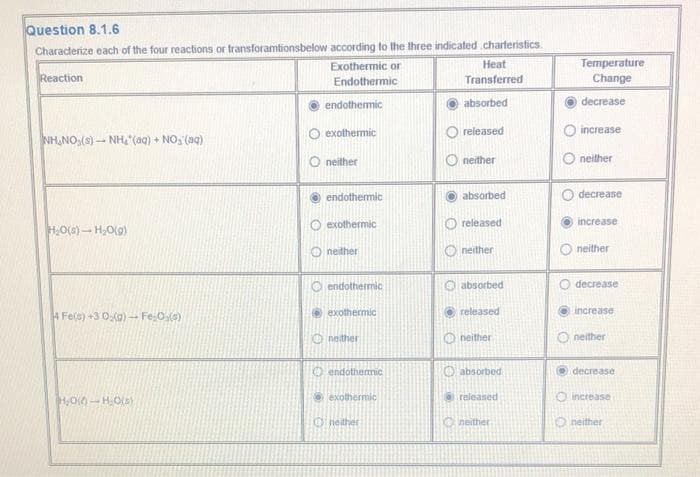 Question 8.1.6
Characterize each of the four reactions or transforamtionsbelow according to the three indicated.charteristics.
Exothermic or
Endothermic
Heat
Transferred
absorbed
Reaction
NH₂NO(S)-NH₂(aq) + NO₂ (aq)
H₂O(s)→ H₂O(g)
4 Fe(s) +3 0₂(g)- Fe:0,(s)
H₂O(0)-H₂O(5)
endothermic
O exothermic
neither
endothermic
O exothermic
Oneither
endothermic
exothermic
neither
endothermic
exothermic
neither
released
neither
absorbed
released
Oneither
absorbed
released
neither
absorbed
released
neither
Temperature
Change
decrease
increase
Oneither
decrease
increase
neither
decrease
increase
Oneither
decrease
increase
neither