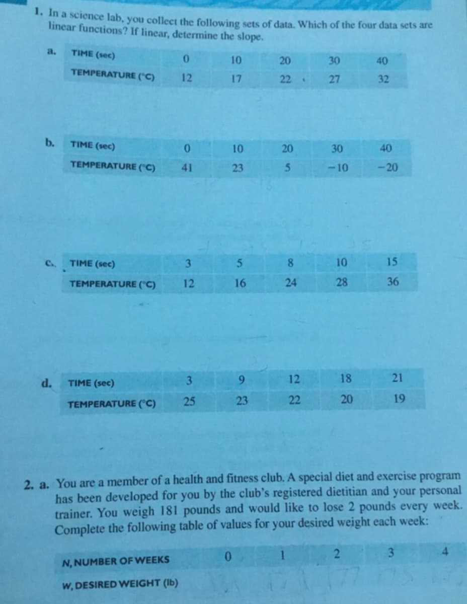 1. In a science lab, you collect the following sets of data, Which of the four data sets are
linear functions? If linear, determine the slope.
a.
TIME (sec)
0.
10
20
30
40
TEMPERATURE ("C)
12
17
22
27
32
b.
TIME (sec)
0.
10
30
40
TEMPERATURE ("C)
41
23
5.
-10
- 20
C.
TIME (sec)
3.
10
15
TEMPERATURE ("C)
12
16
24
28
36
20
8.
