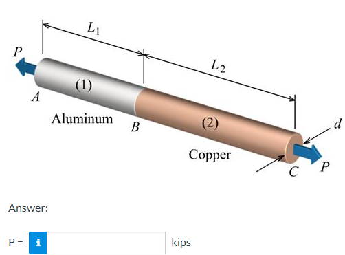 L1
P.
L2
(1)
A
(2)
Aluminum
В
Сорper
C
Answer:
kips
P = i
