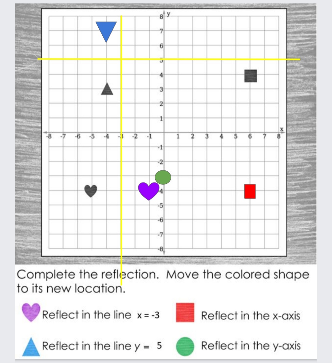 y
4
3
-8
-7
-6
-5
-4
-3
-2
-1
1
2
4
6.
-2
-5
-6
-7
Complete the reflection. Move the colored shape
to its new location.
Reflect in the line x= -3
Reflect in the x-axis
Reflect in the line y = 5
Reflect in the y-axis
