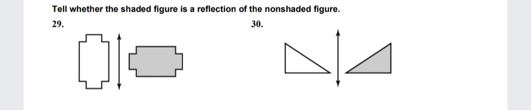 Tell whether the shaded figure is a reflection of the nonshaded figure.
29.
30.
